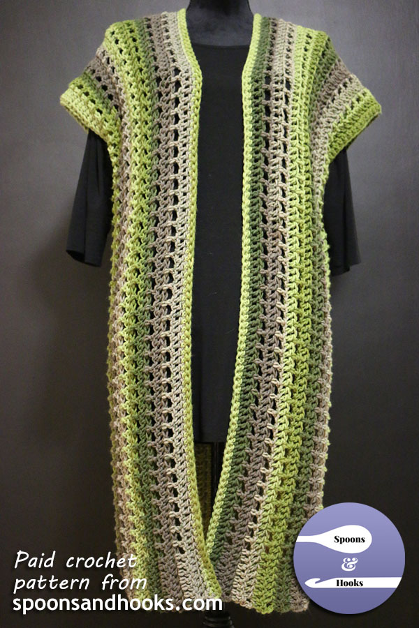 Cap-sleeved long cardigan: a paid crochet pattern from spoonsandhooks.com.